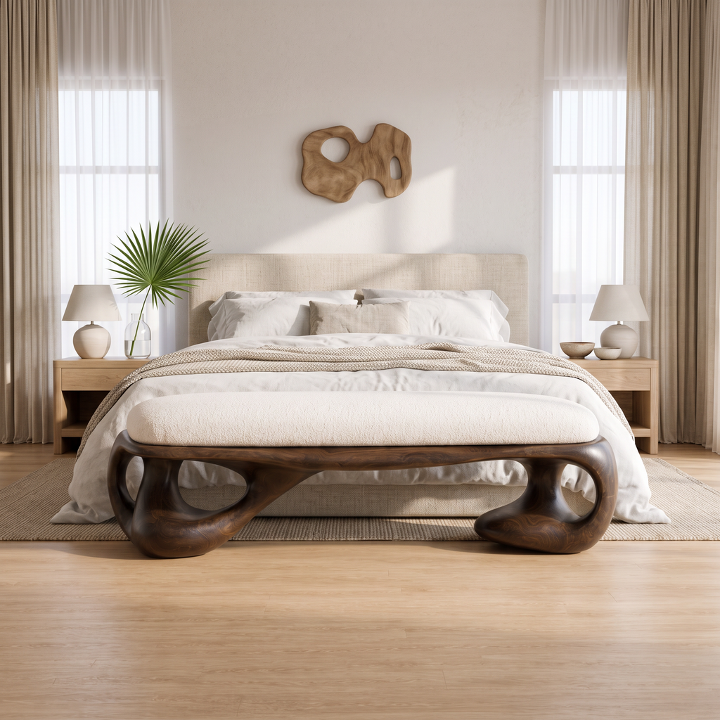 Modern Halloween Upholstered Bench With Sculptural Curved Frame For Bedroom And Entryway
