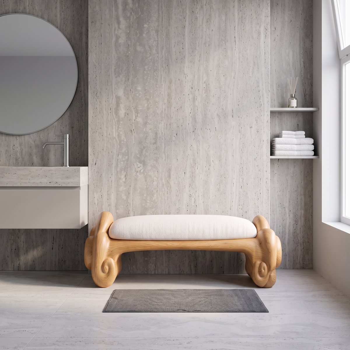 Minimalist Accent Bench With Rounded Cloud Shaped Legs For Bathroom