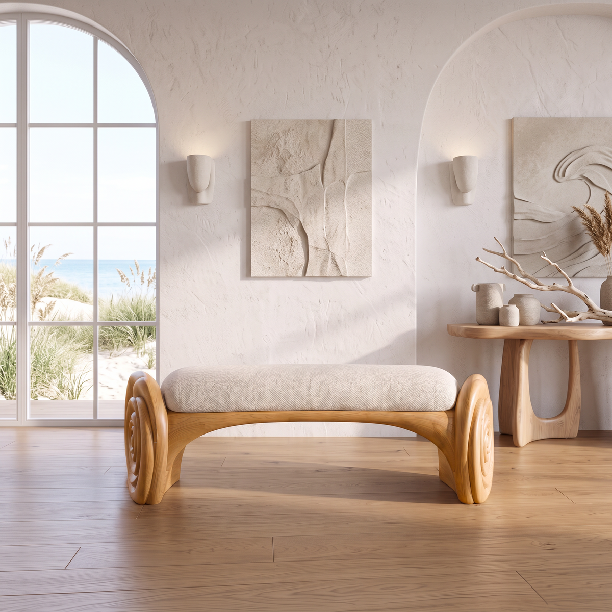 Natural Halloween Accent Bench With Carved Petal Form Legs For Dressing Room