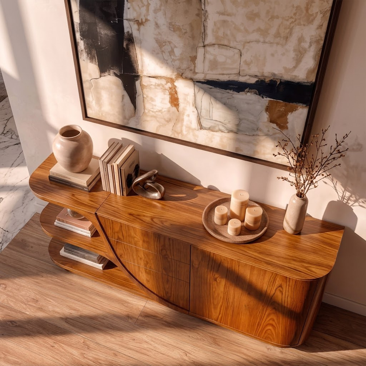 Modern Sideboard With Rounded Frame And Panel Doors For Living Room