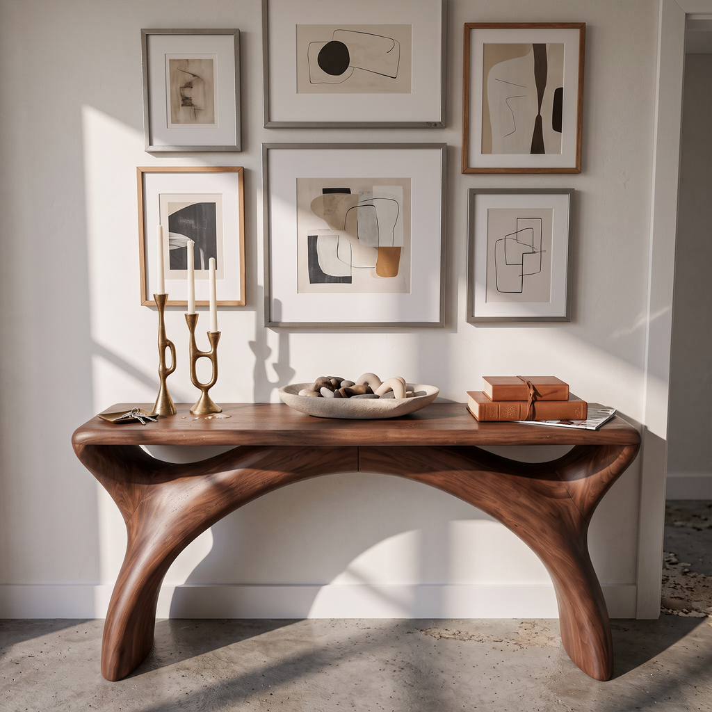 Mid Century Console Table With Flowing Curved Frame For Entryway