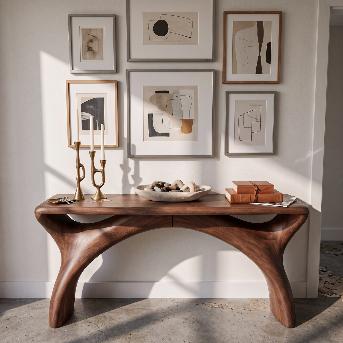 Mid Century Console Table With Flowing Curved Frame For Entryway