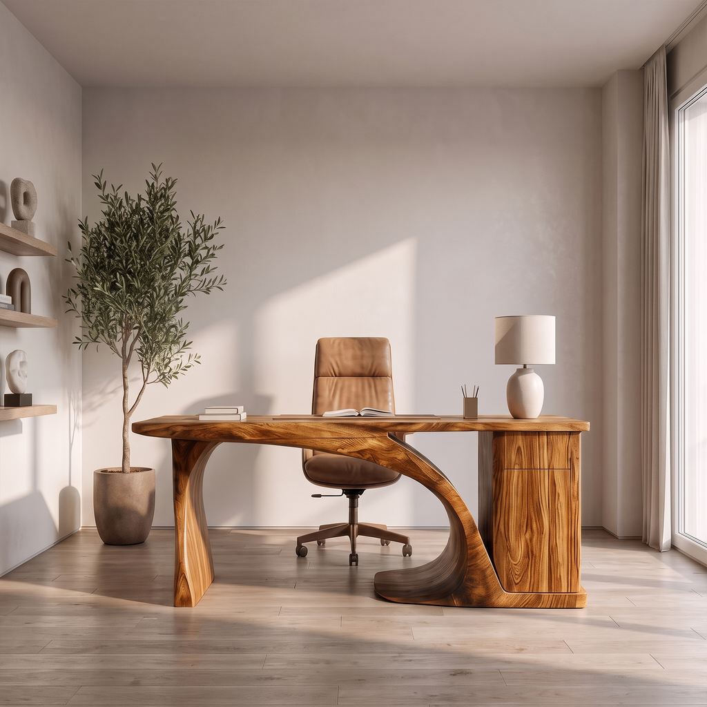 Modern Sculptural Desk With Curved Base And Storage For Home Office