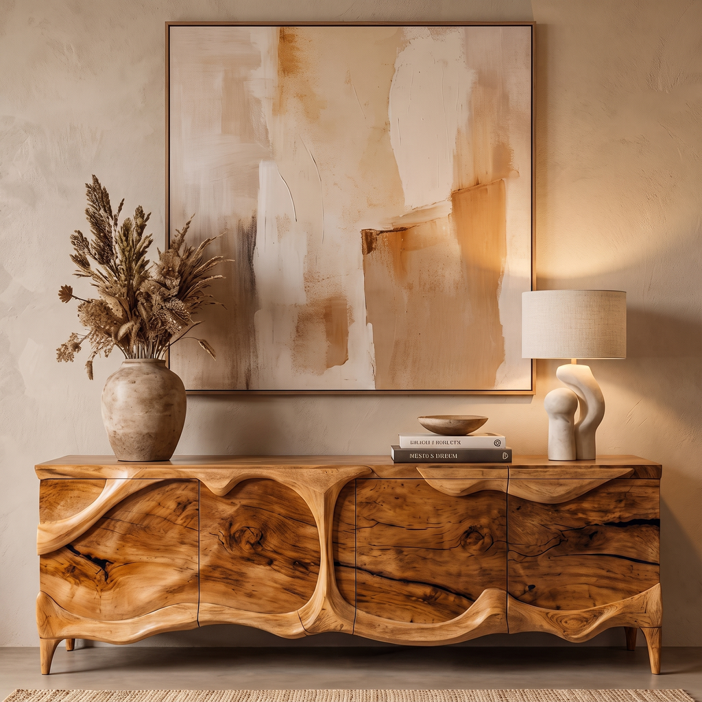 Rustic Sideboard With Sculptural Front Design For Living Room