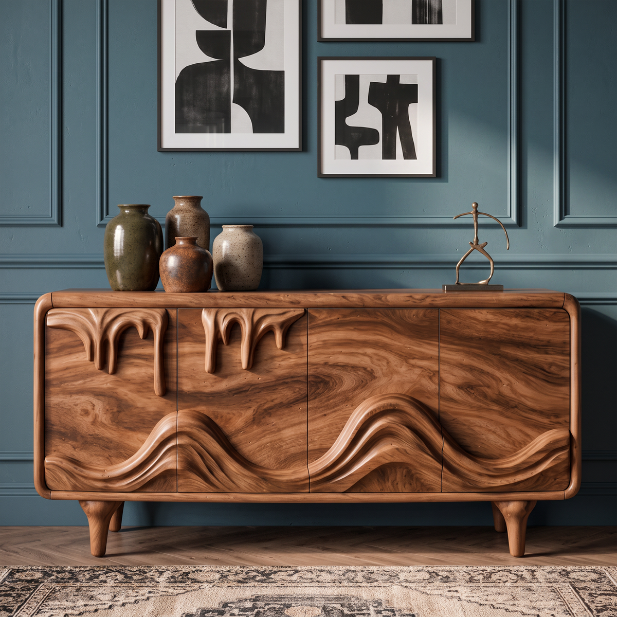 Mid Century Sideboard With Intricately Carved Front Design For Living Room