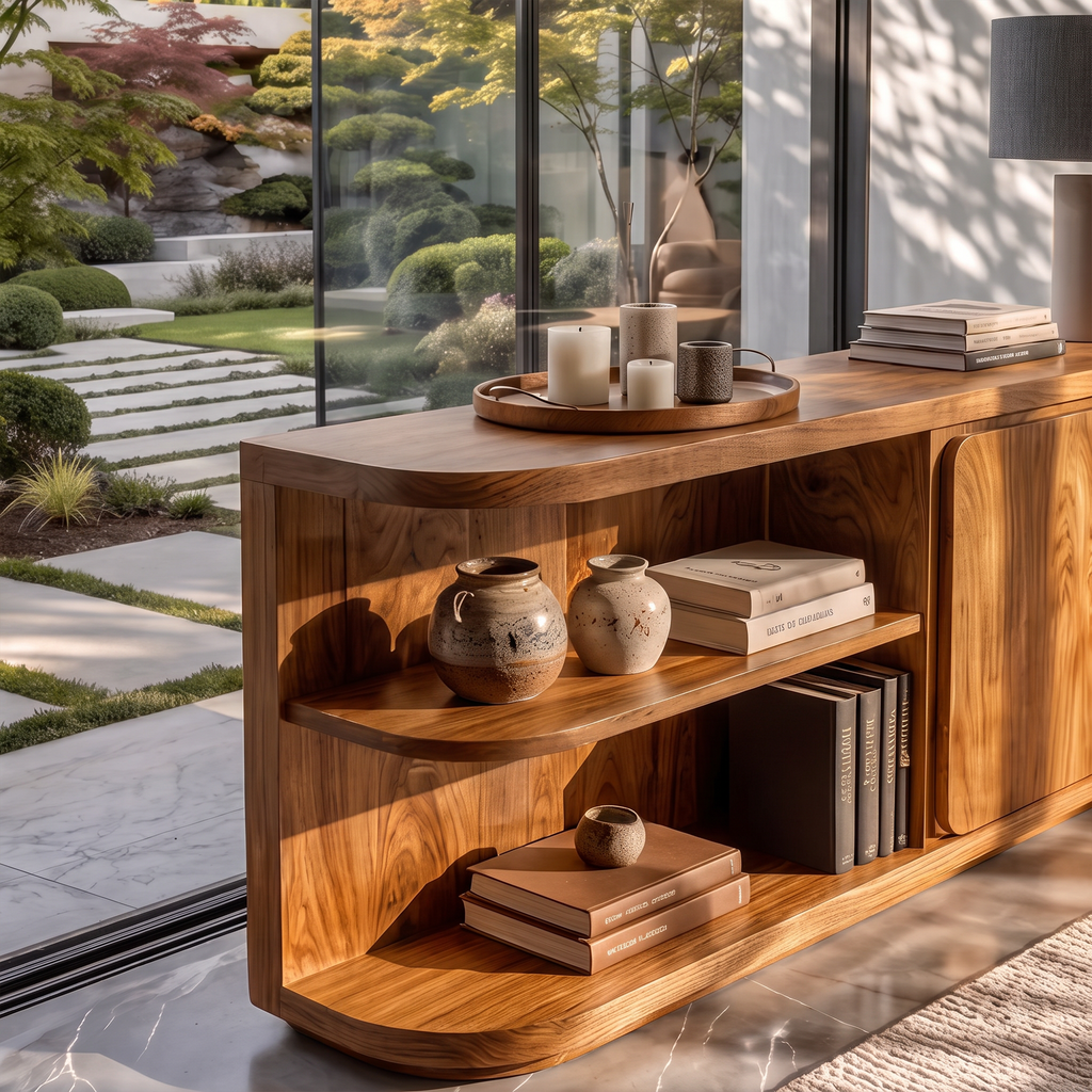 Modern Sideboard With Rounded Frame And Open Storage For Living Room