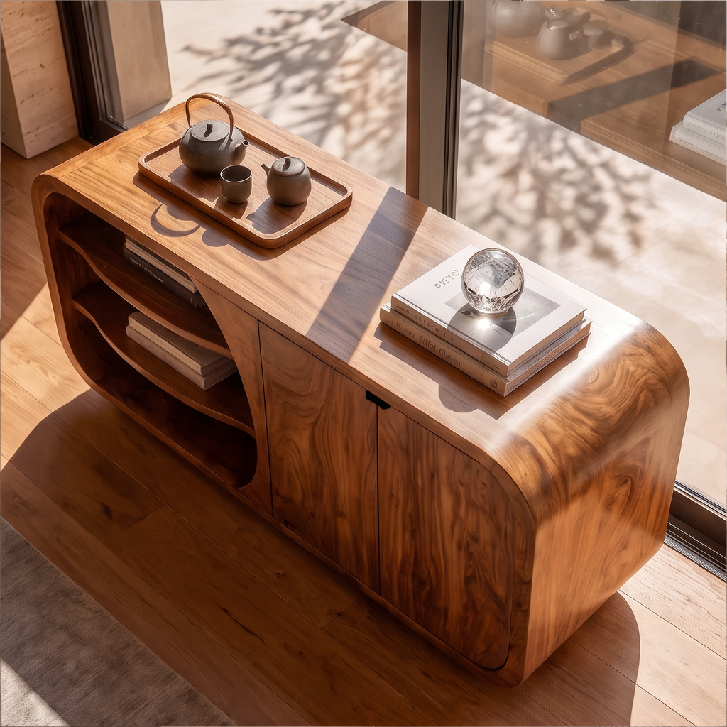 Mid Century Storage Cabinet With Curved Profile And Side Display Compartments For Living Room