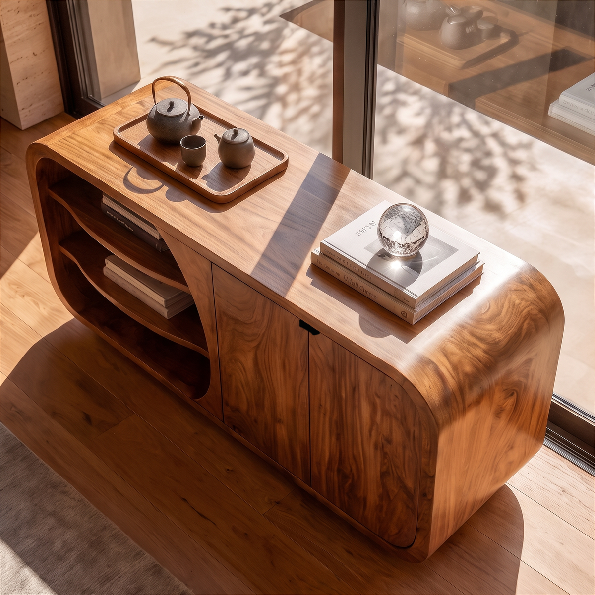 Mid Century Storage Cabinet With Curved Profile And Side Display Compartments For Living Room