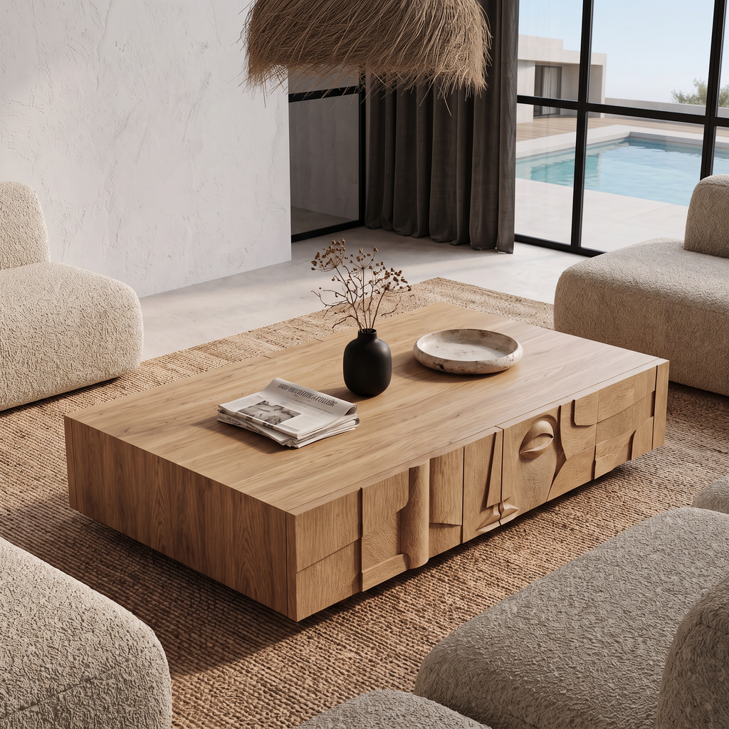 Modern Statement Coffee Table With Textured Relief Drawers For Living Room