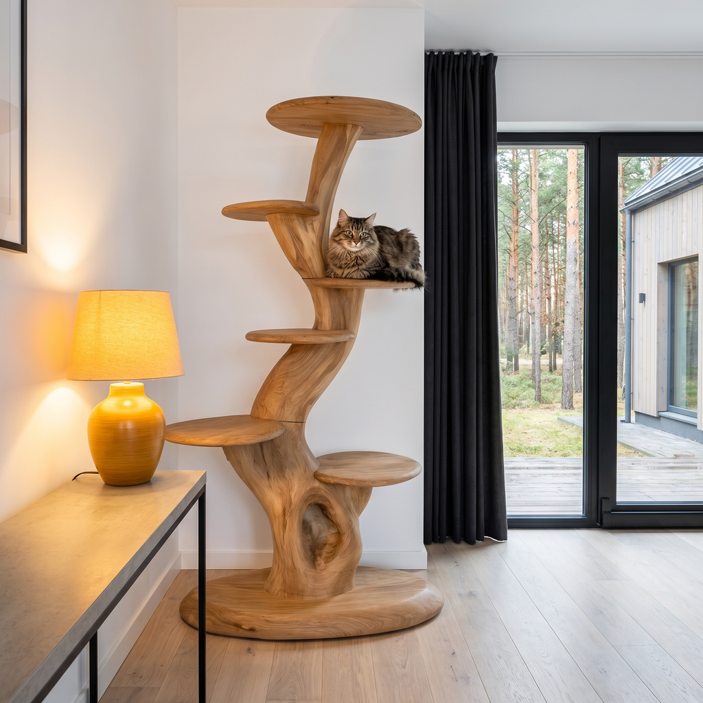 Rustic Sculptural Cat Tree With Multi Level Platforms For Living Room