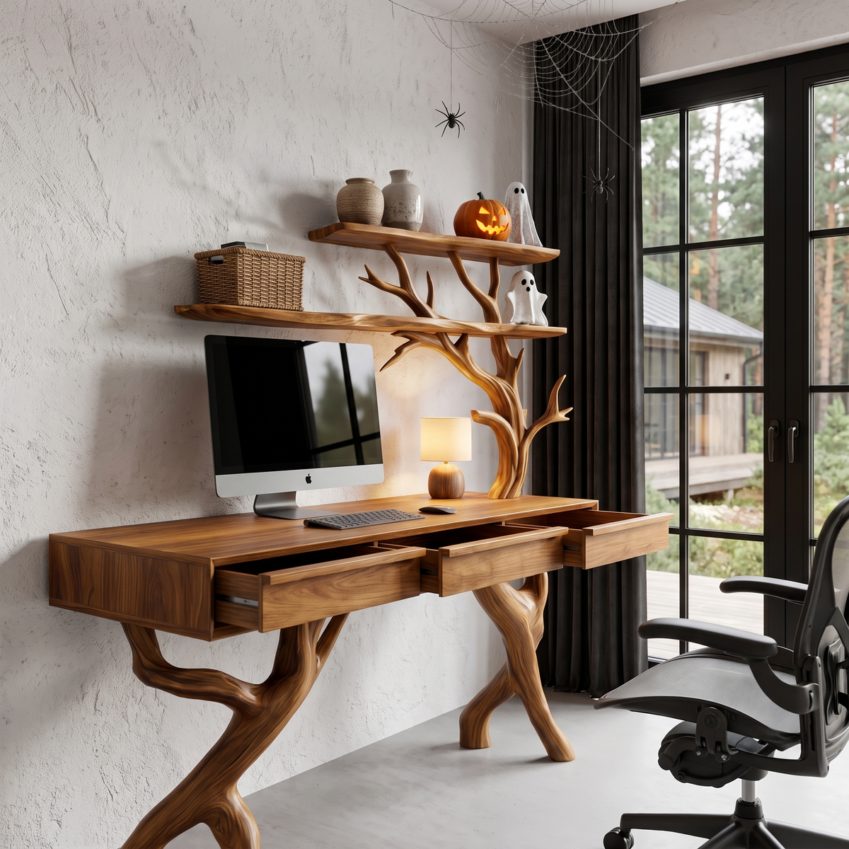 Rustic Tree Branch Desk With Halloween Spider Web Shelves For Home Office