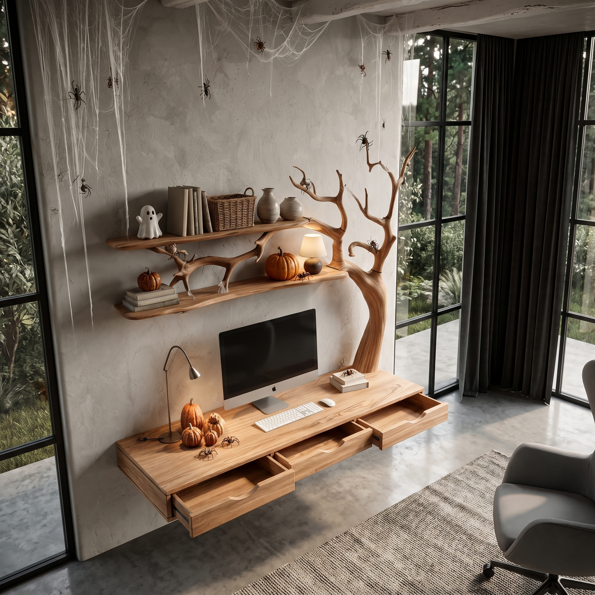Natural Halloween Desk With Drawers And Spooky Branch Design For Home Office