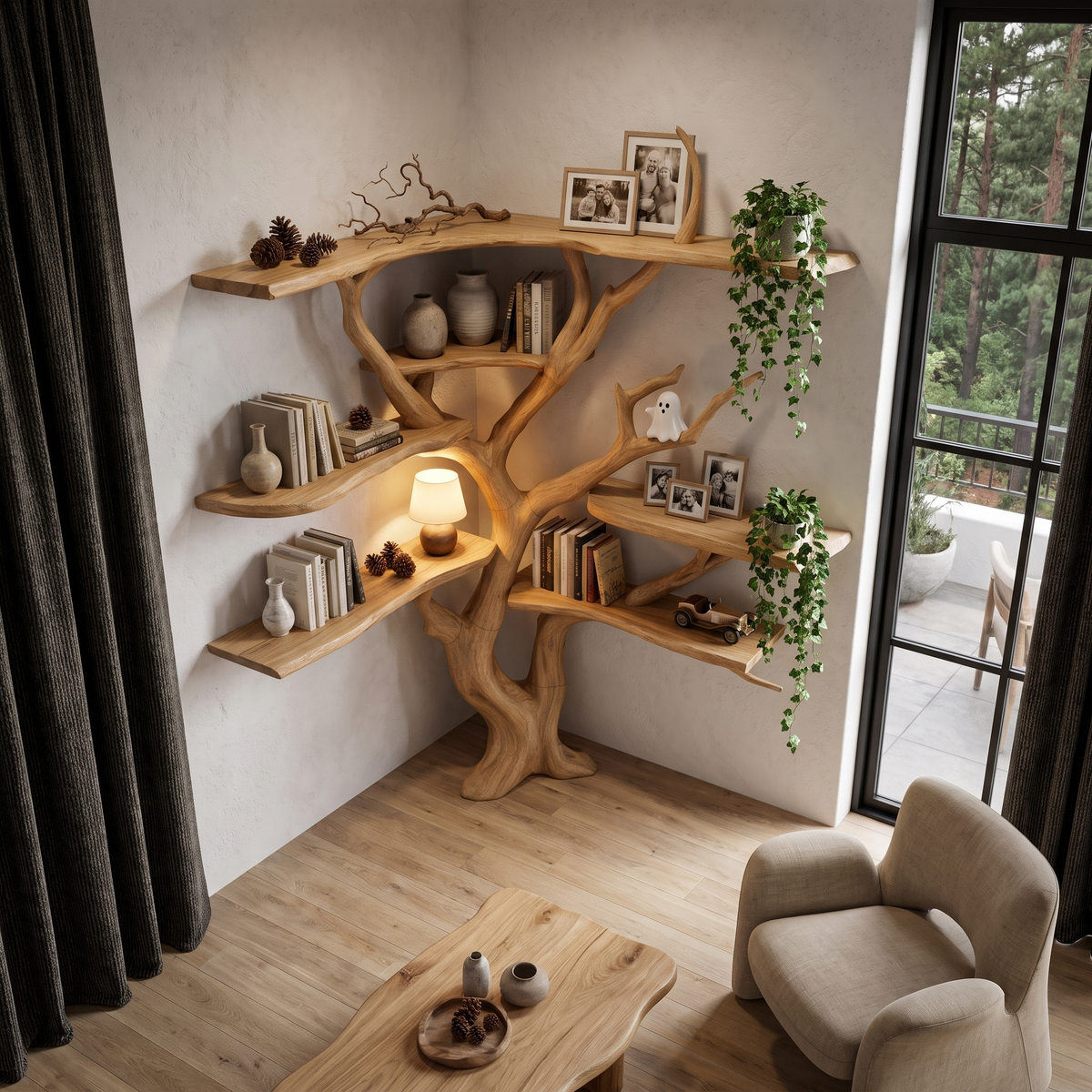 Modern Corner Tree Bookshelf With Asymmetrical Shelves For Living Room