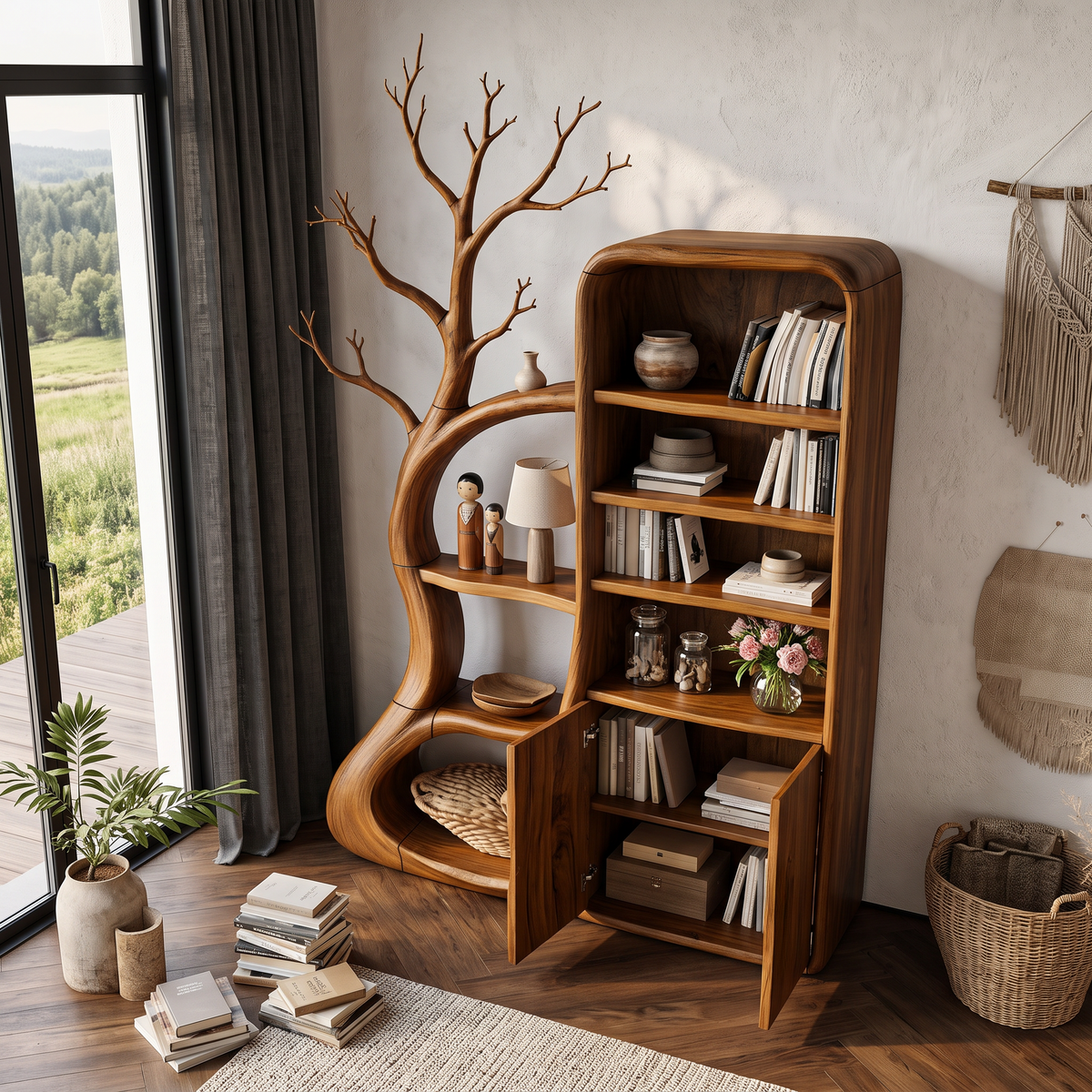 Rustic Tree Cabinet With Branch Inspired Shelving For Reading Room