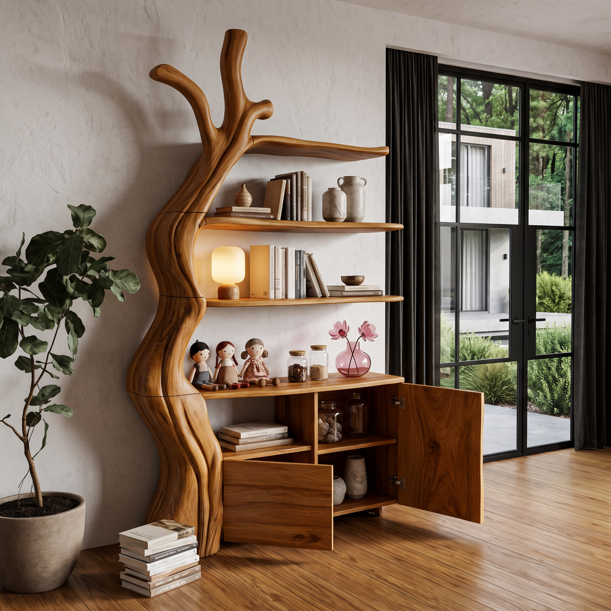 Organic Display Cabinet With Flowing Tree Silhouette For Bedroom