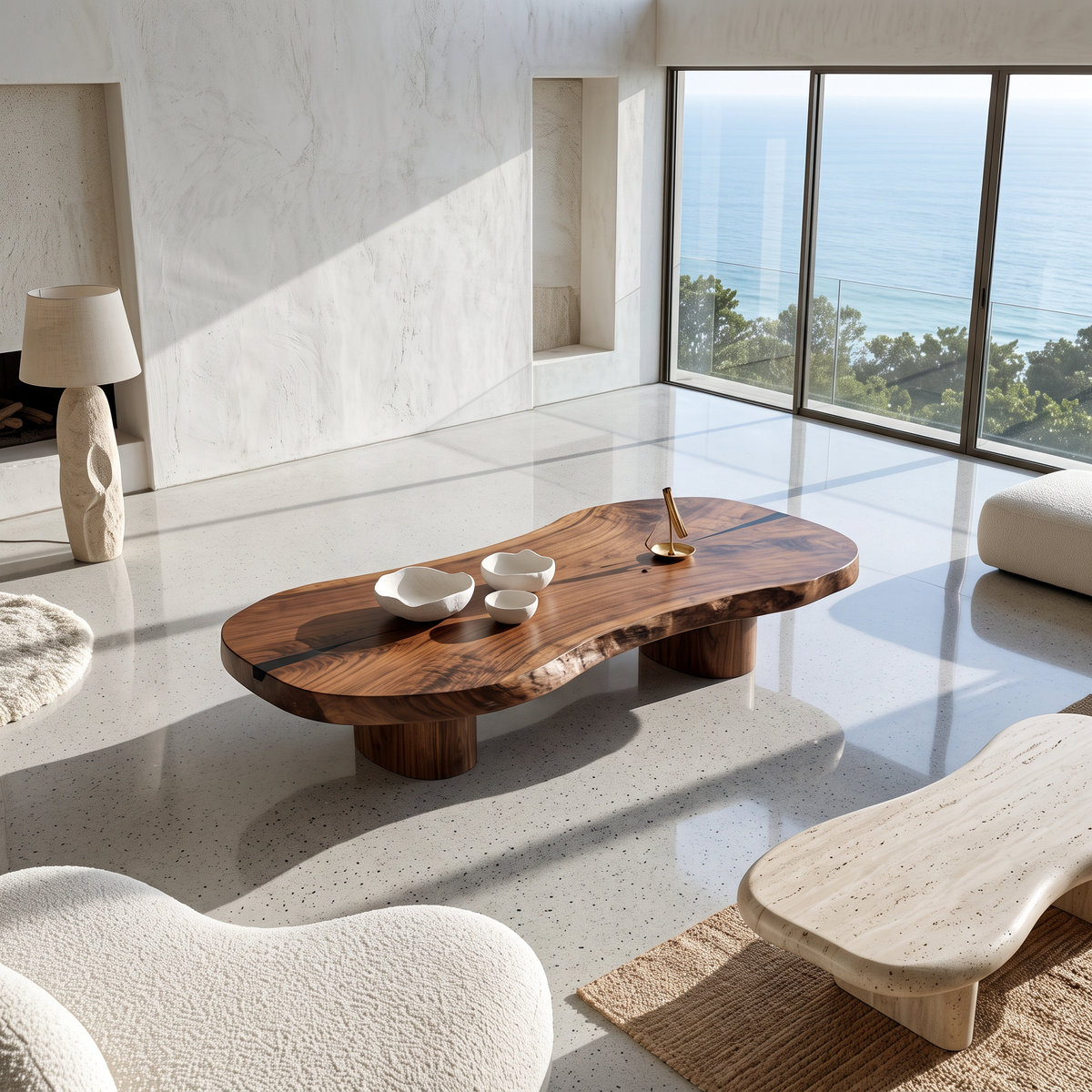 Modern Solid Wood Coffee Table With Sculptural Slab Top For Living Room