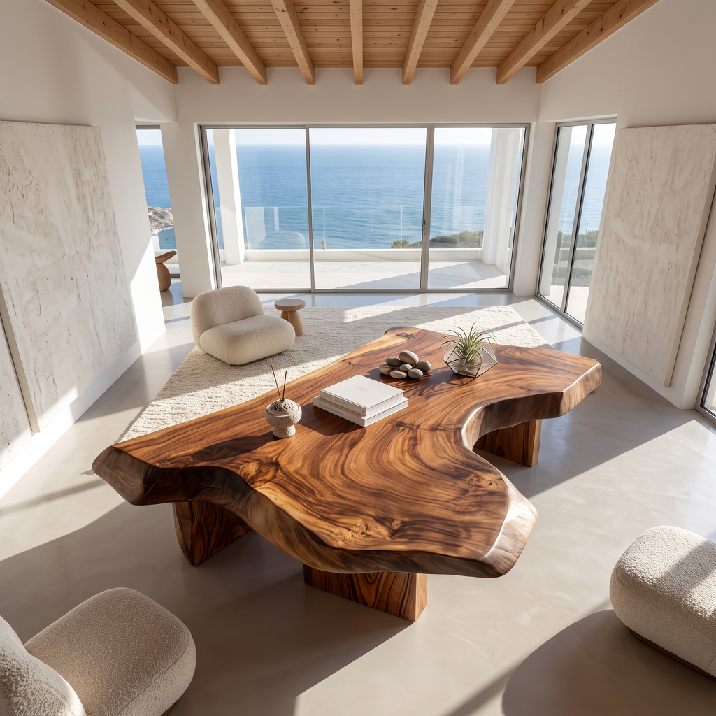 Modern Solid Wood Coffee Table With Sculptural Slab Top For Living Room