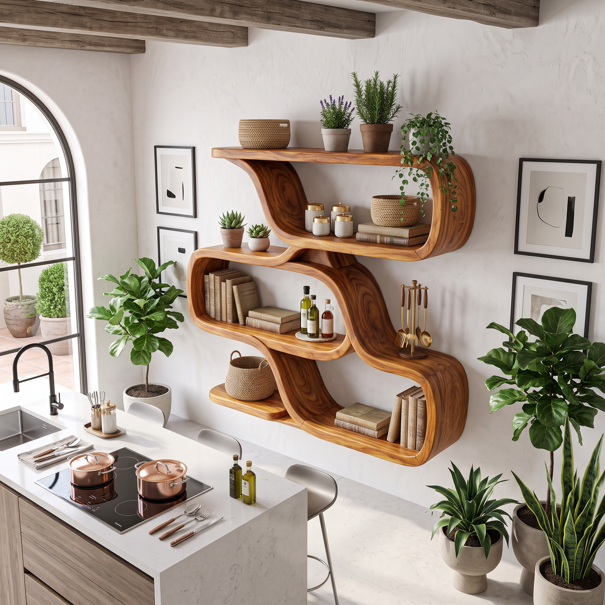 Farmhouse Curved Wood Shelves For Entryway
