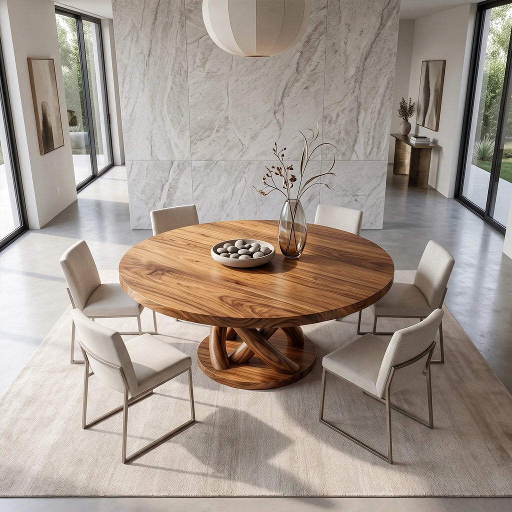 Sculptural Round Dining Table Modern Dining Room Table Woven Base For Dining Room