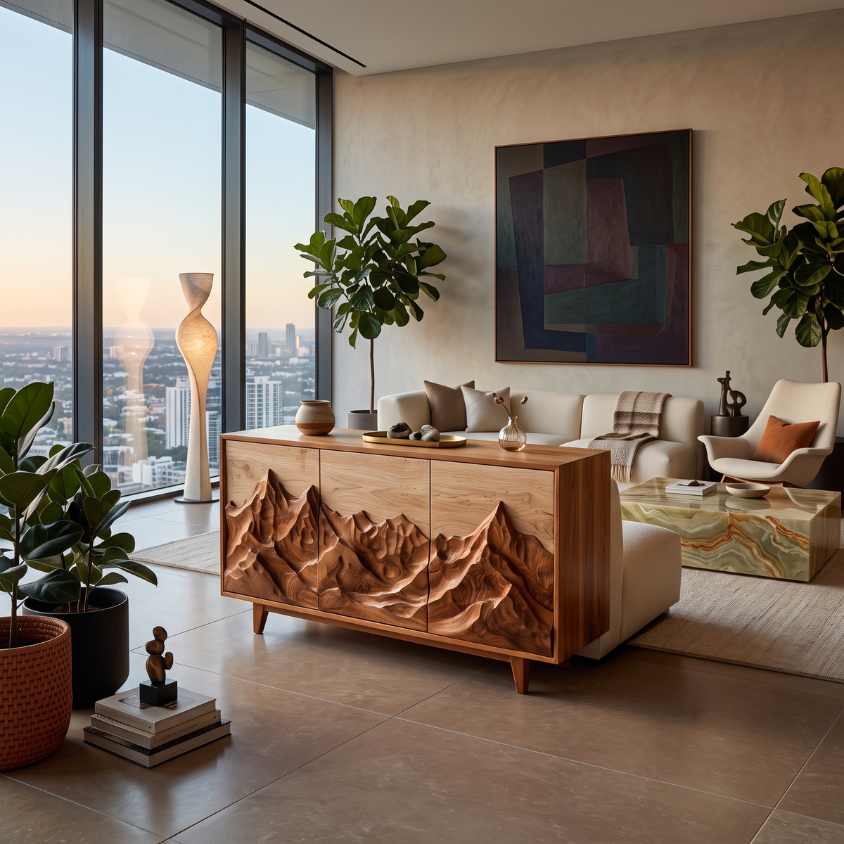 Modern Wood Sideboard With Mountain Relief For Home Interior