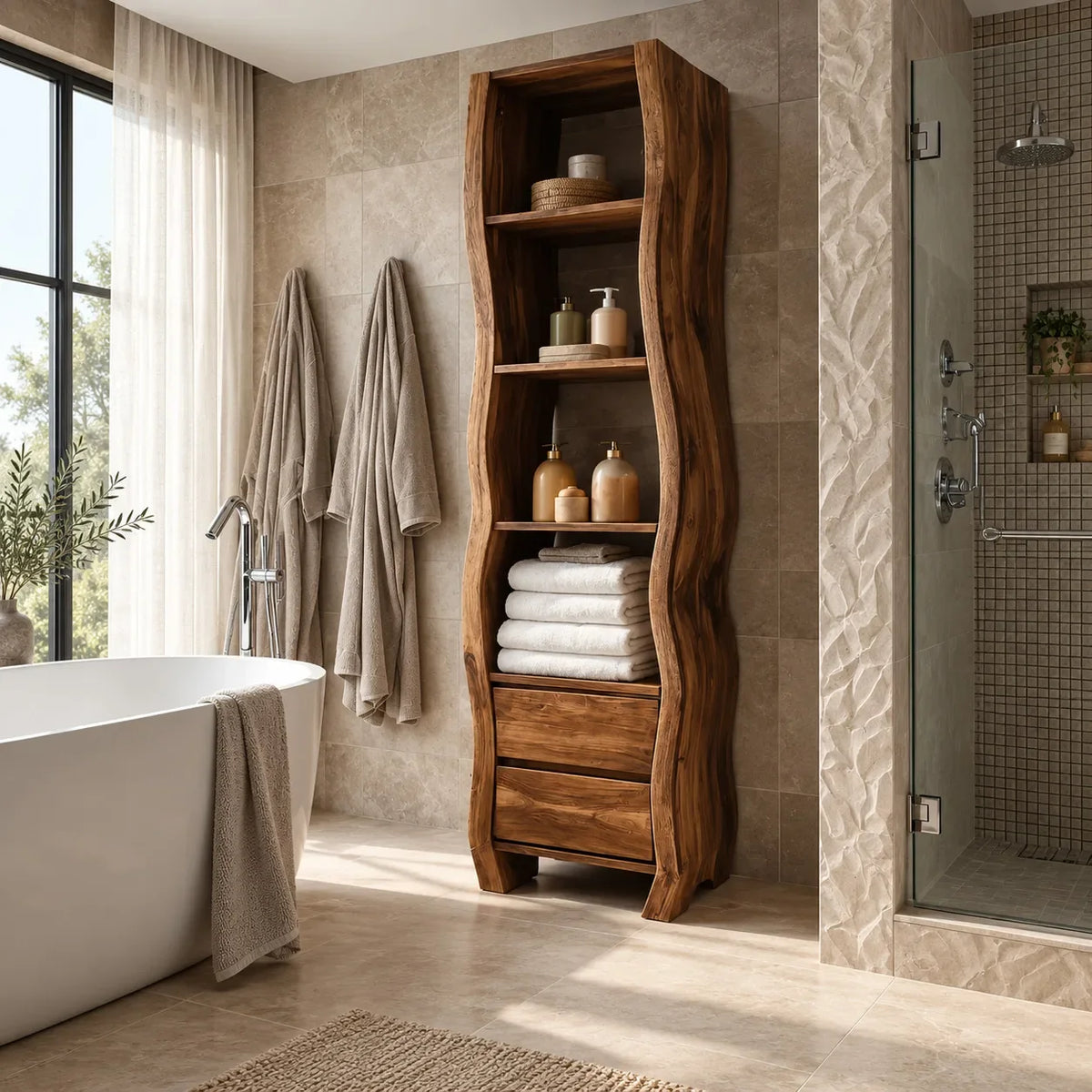 Sculptural Bathroom Cabinet With Open Shelves And Drawers For Bathroom