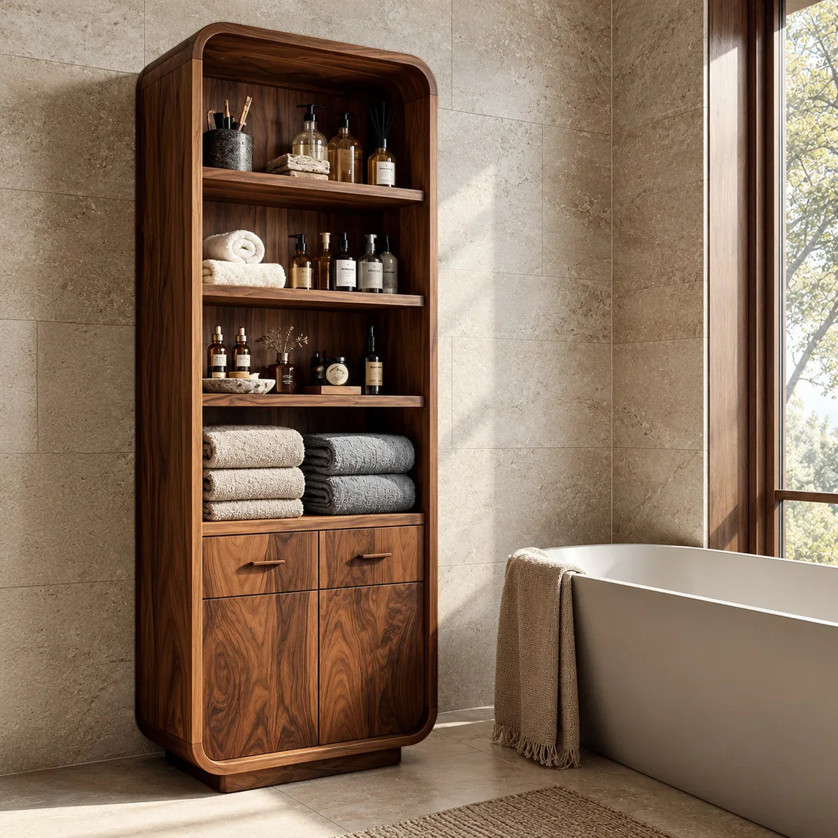 Contemporary Tall Bathroom Cabinet With Open Shelves For Bathroom