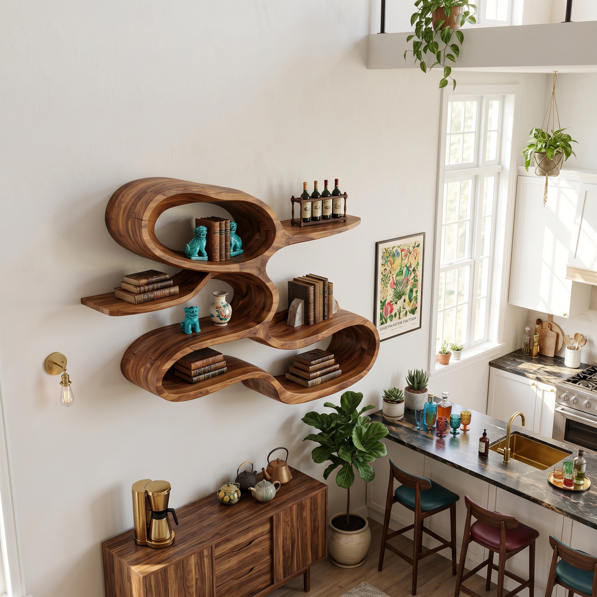 Modern Sculptural Wooden Wall Shelves For Coffee Bar