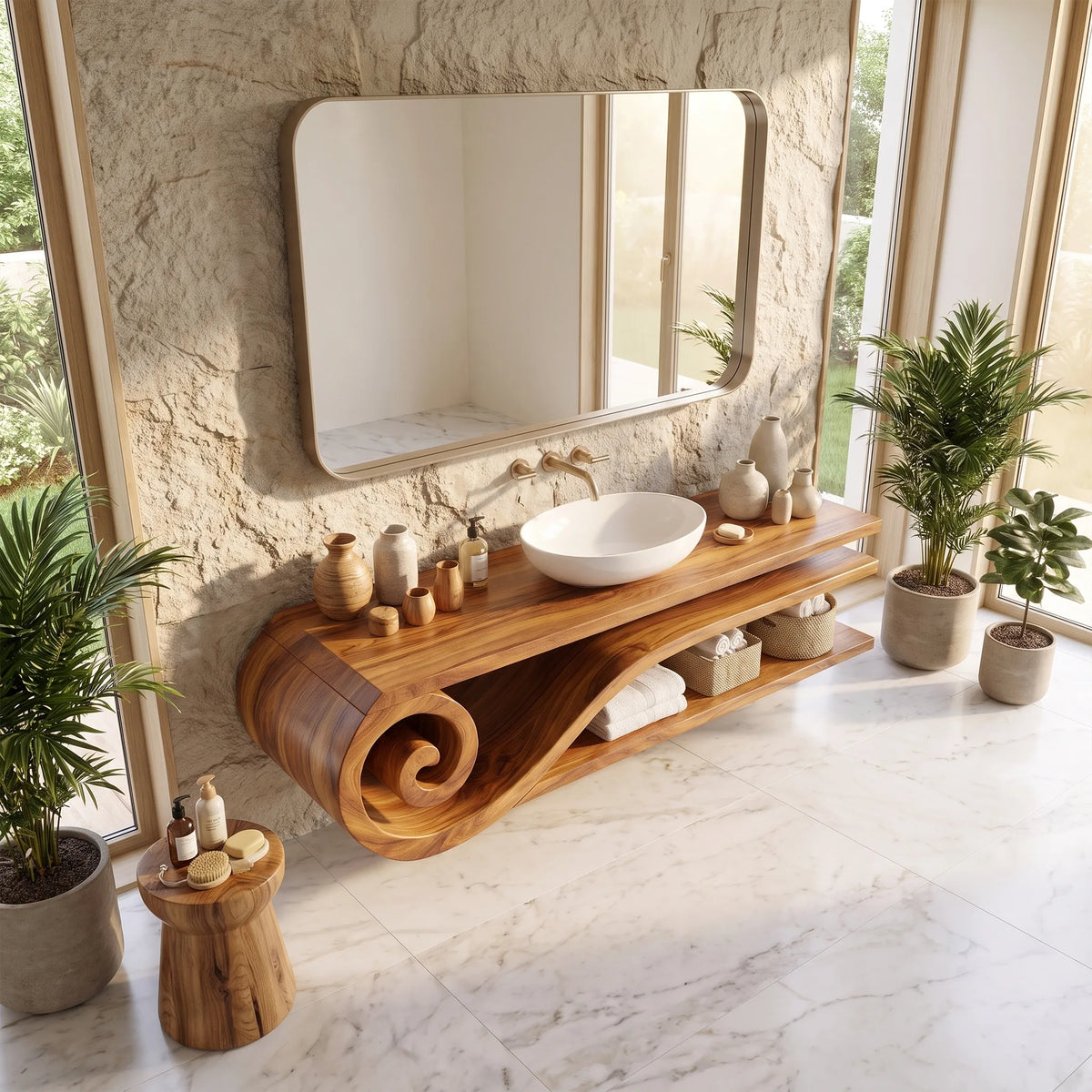 Calm Floating Bathroom Vanity Floating Bathroom Vanity With Sink Modern Bathroom Vanity Curved Open Shelves For Primary 