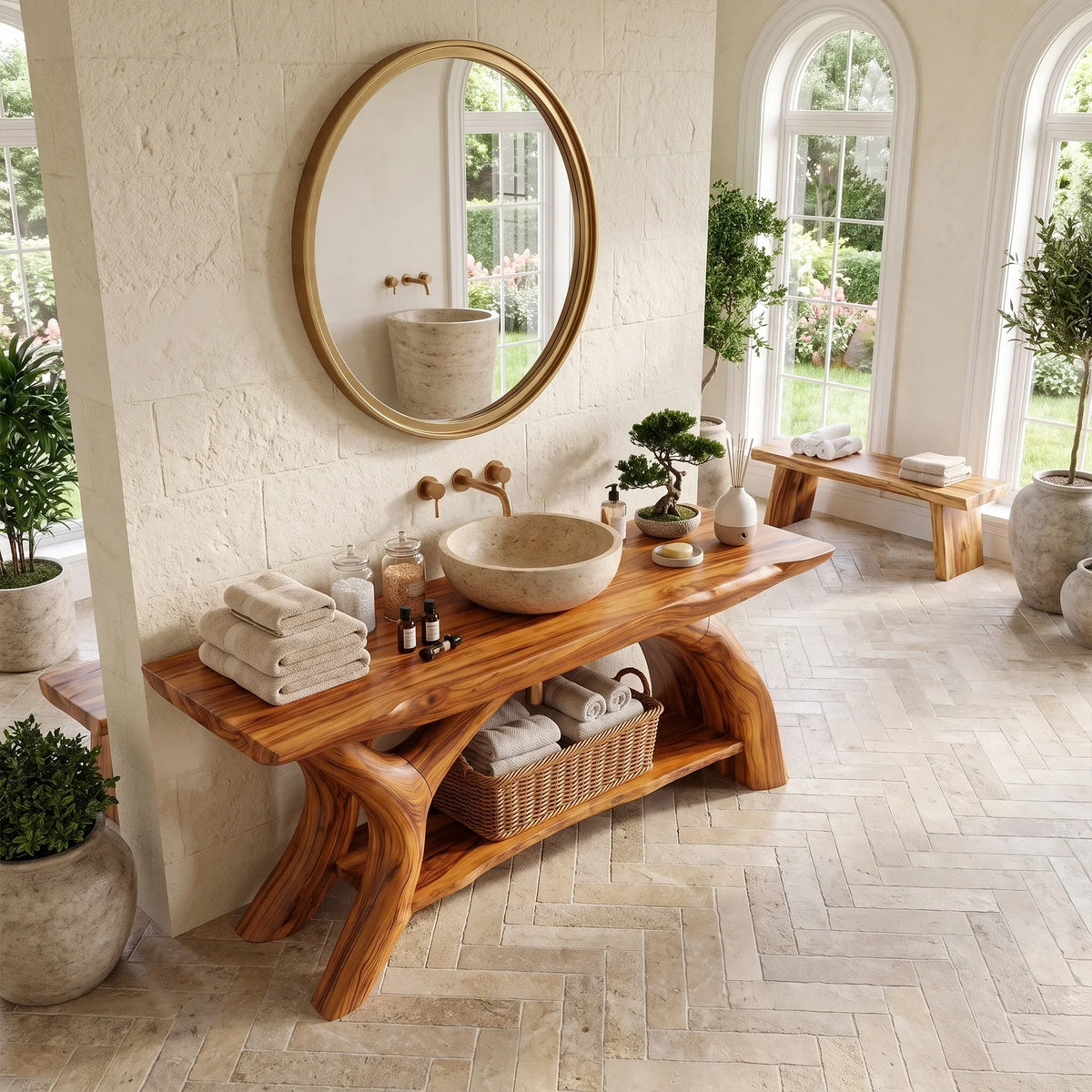 Elegant Solid Wood Bathroom Vanity Single Bathroom Vanity With Sink Open Shelf Design For Luxury Bathroom