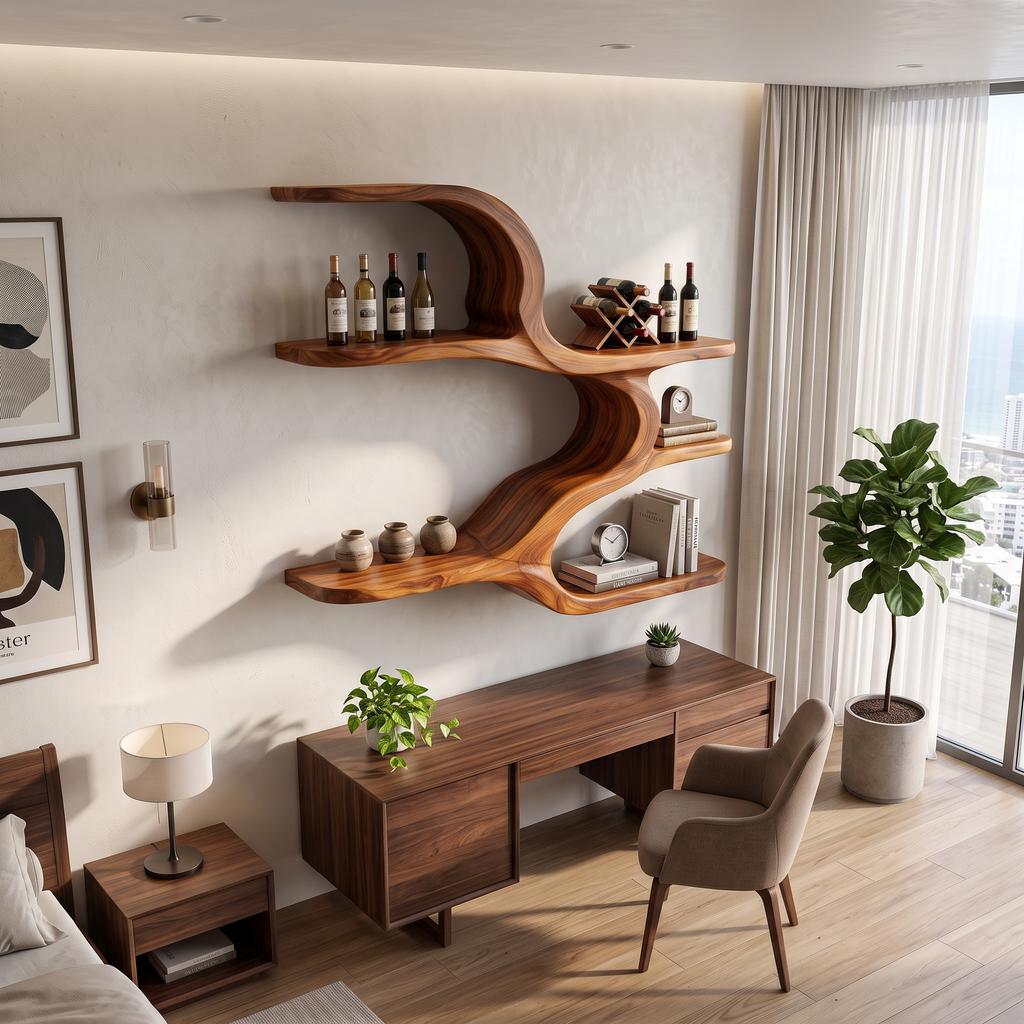 Organic Sculptural Wooden Wall Shelves For Dining Room