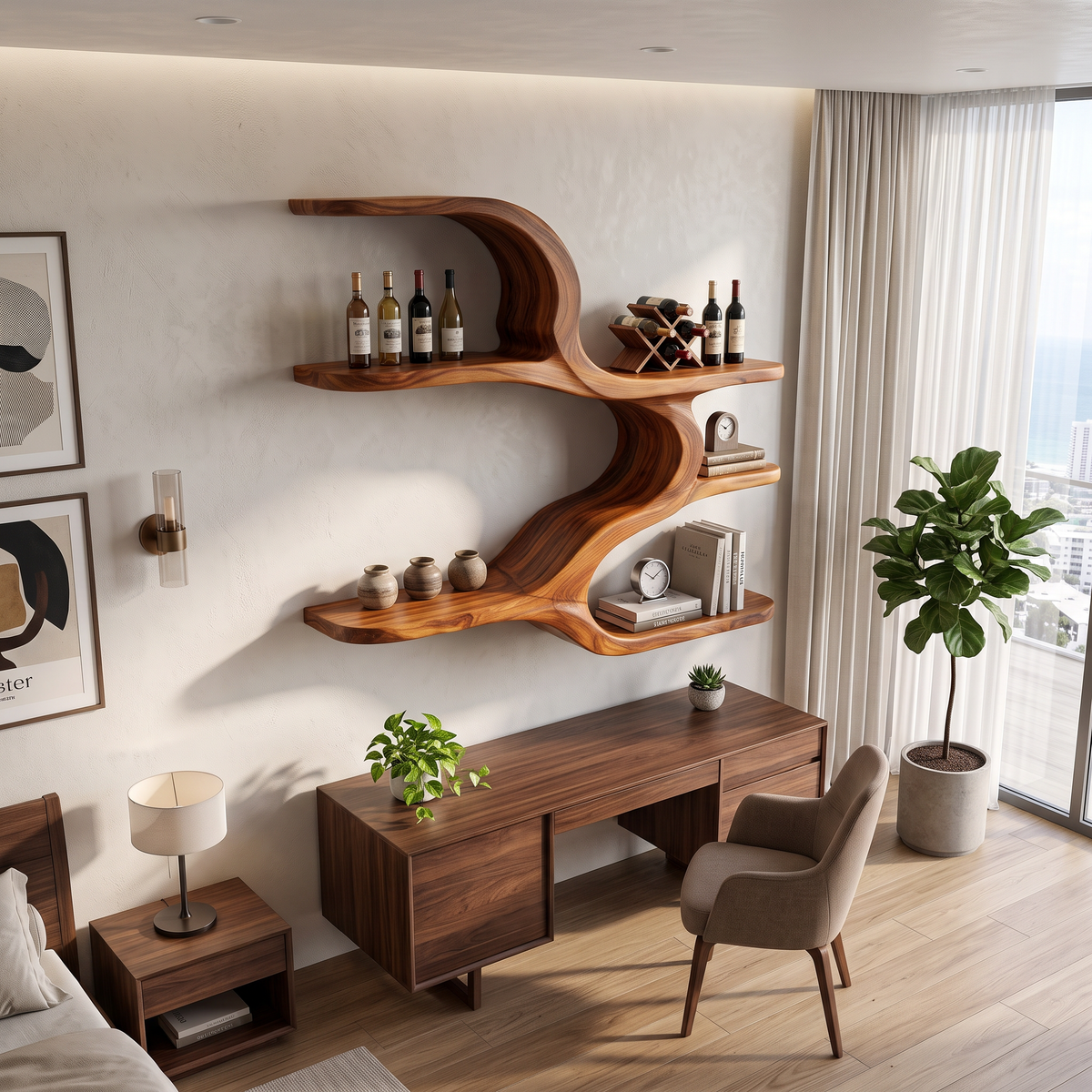 Organic Sculptural Wooden Wall Shelves For Dining Room