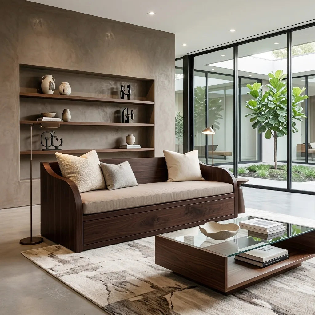 Contemporary Wooden Sofa With Long Drawer For Living Room