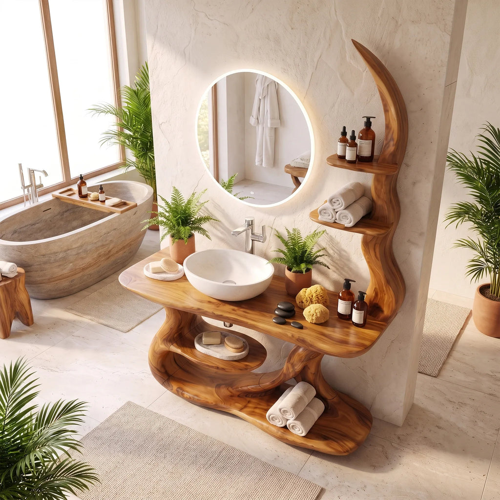 Serene Bathroom Vanity Bathroom Vanity With Sink Modern Bathroom Vanity Curved Open Shelves For Spa Bathroom