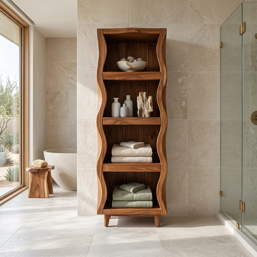 Sculptural Wavy Bathroom Cabinet With Open Shelves For Bathroom