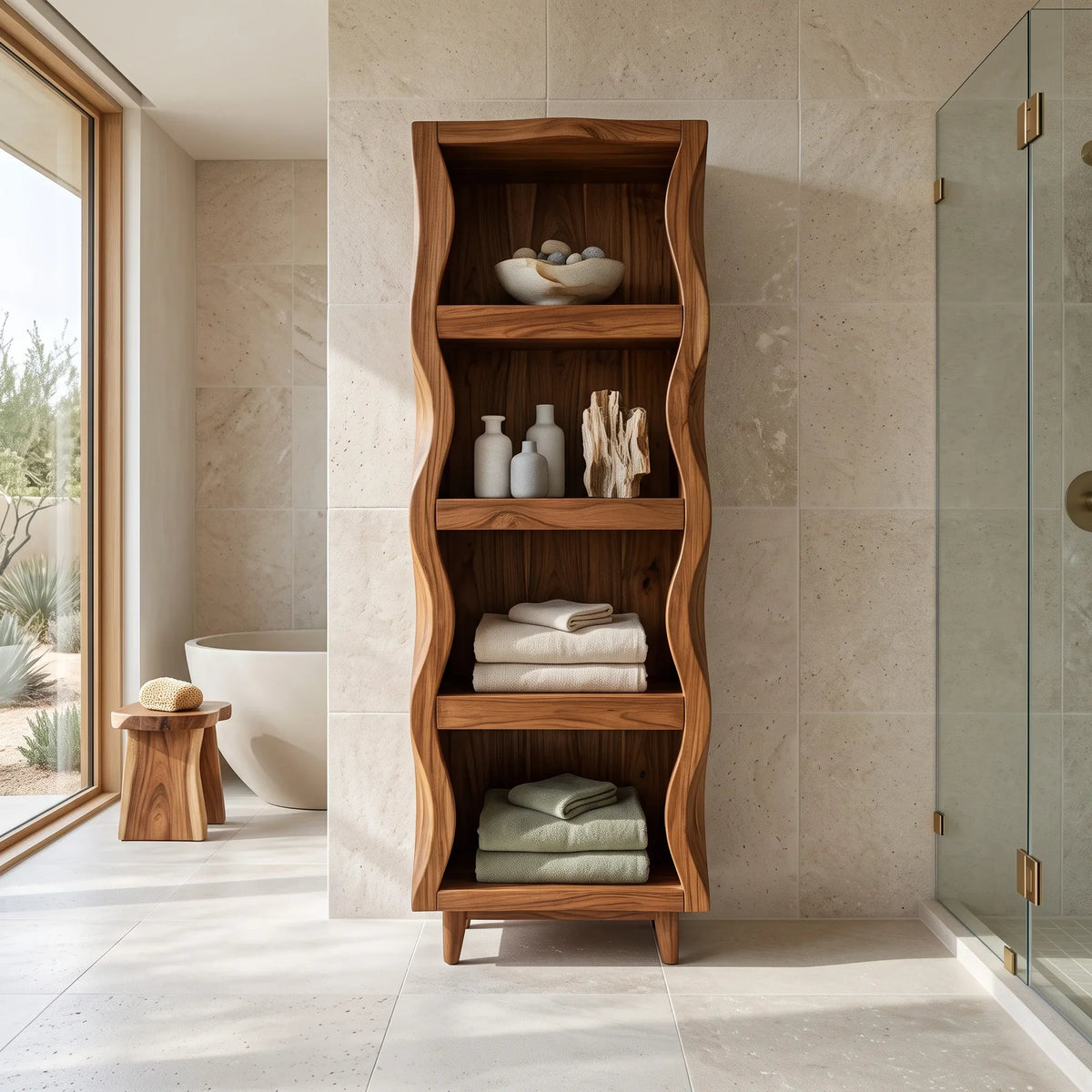 Sculptural Wavy Bathroom Cabinet With Open Shelves For Bathroom