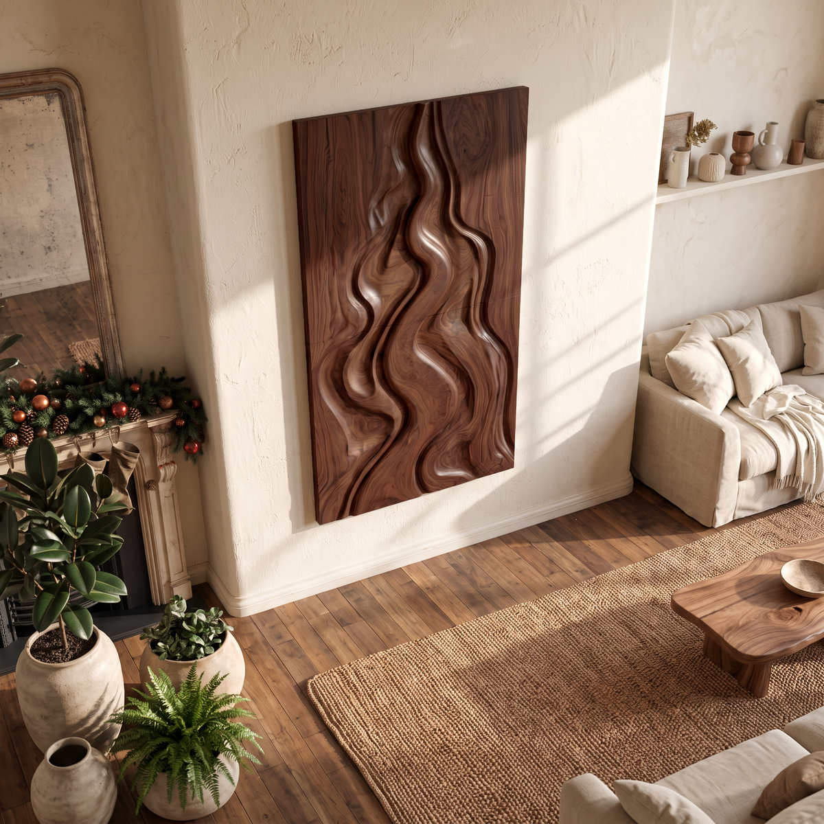 Natural Christmas Abstract Wall Decor With Fluid Carved Design For Bedroom
