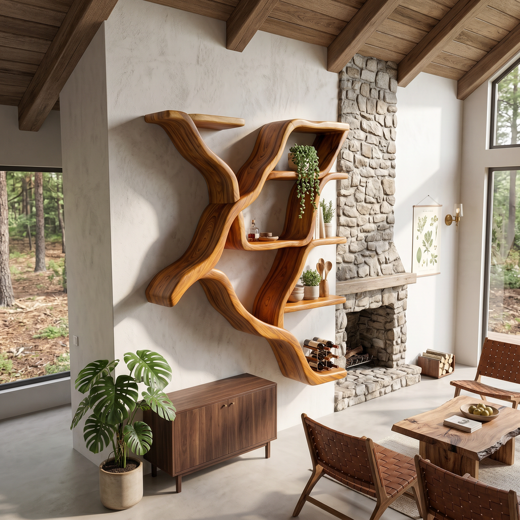 Organic Tree Branch Wall Mounted Shelves For Kitchen