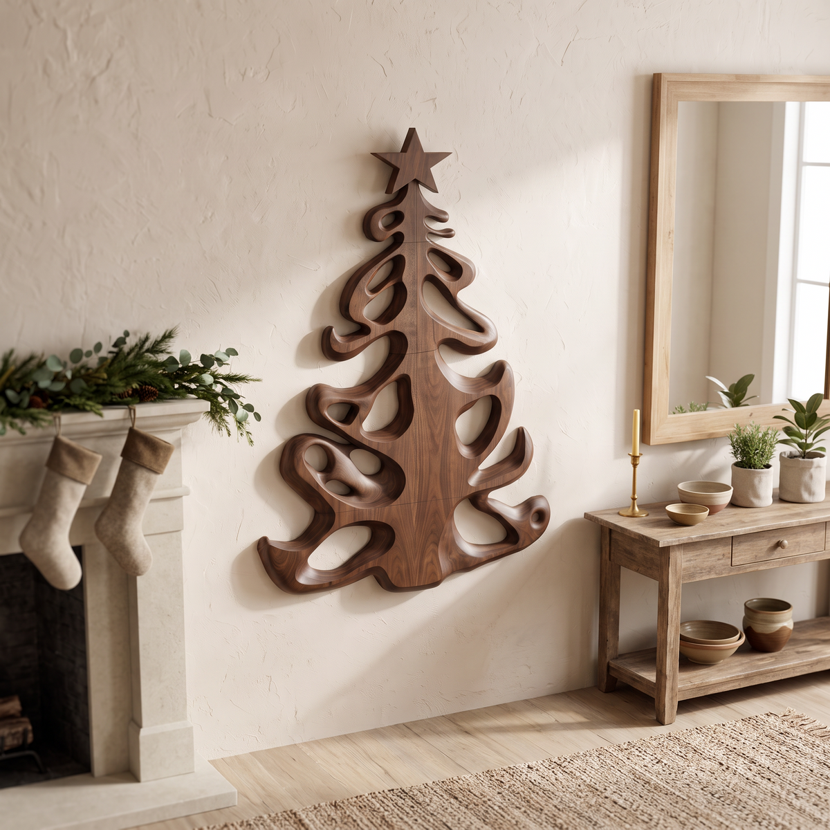 Organic Xmas Wooden Holiday Decor With Fluid Tree Silhouette For Entryway