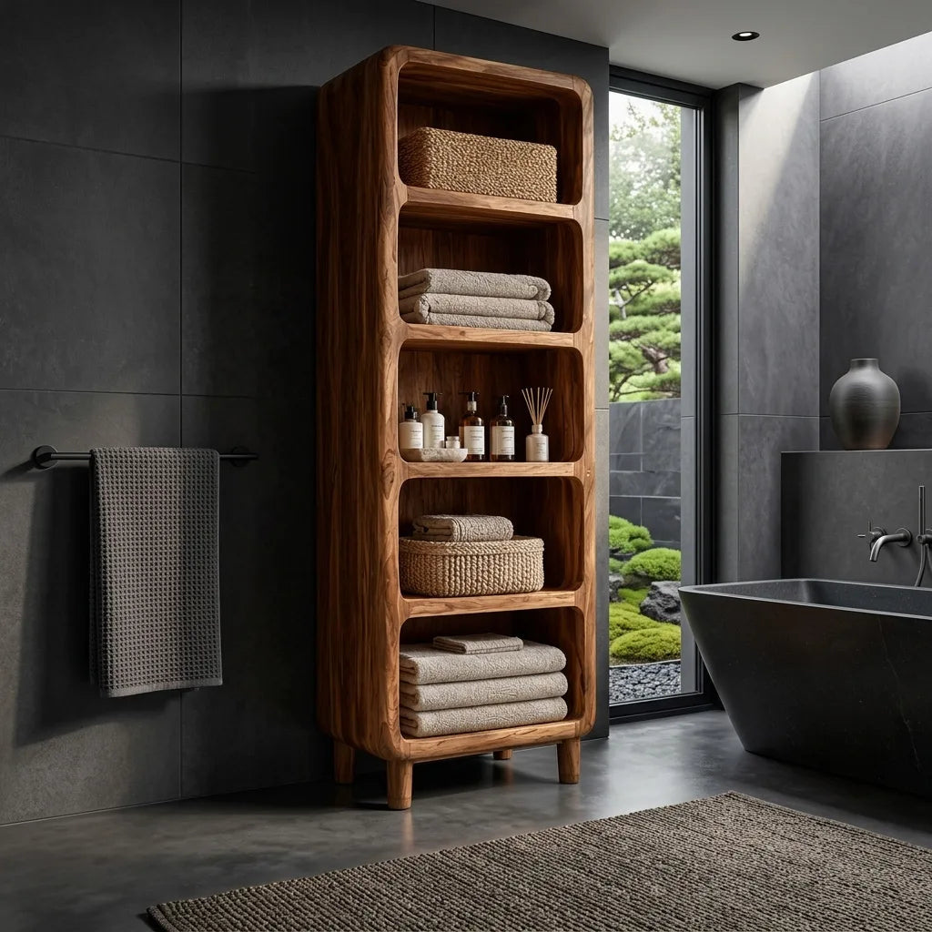 Modern Tall Bathroom Cabinet With Open Towel Shelves For Bathroom