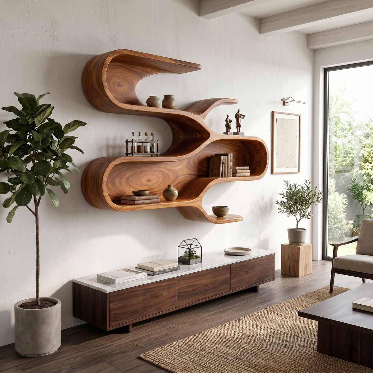 Modern Sculptural Floating Shelves For Living Room