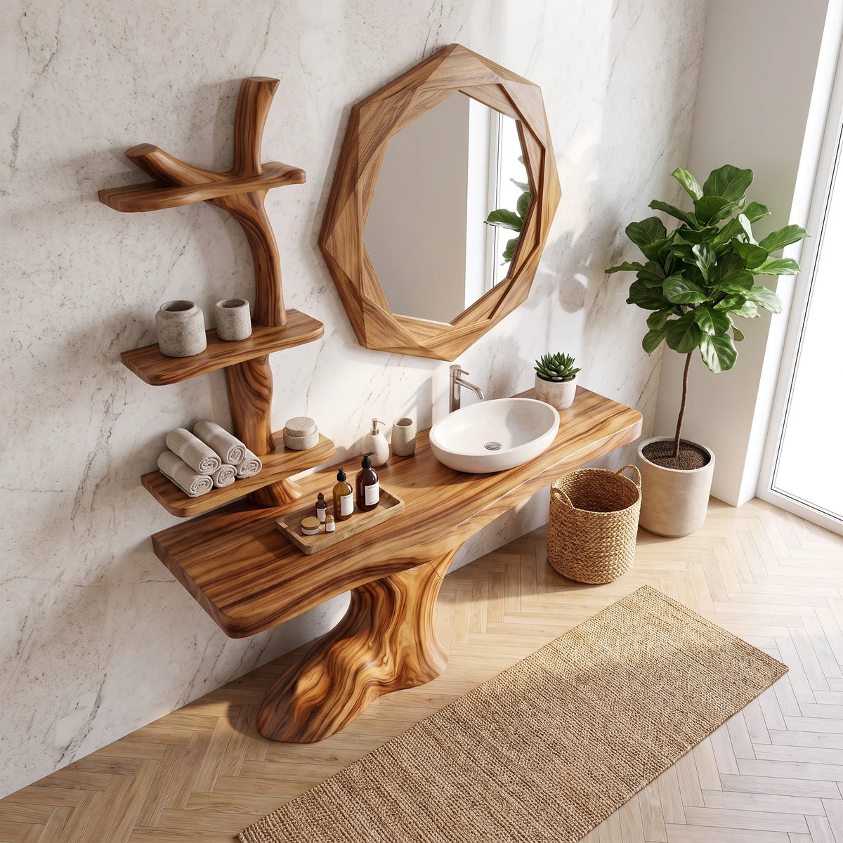 Natural Bathroom Vanity With Sink Wooden Bathroom Vanity Modern Bathroom Vanity Integrated Vertical Shelves For Primary 