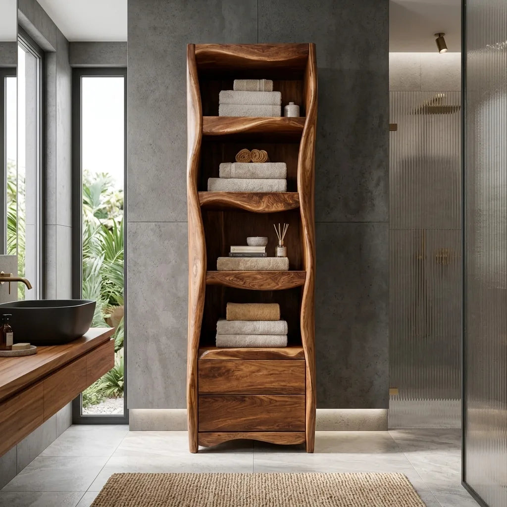 Organic Wavy Bathroom Cabinet With Open Shelves For Bathroom