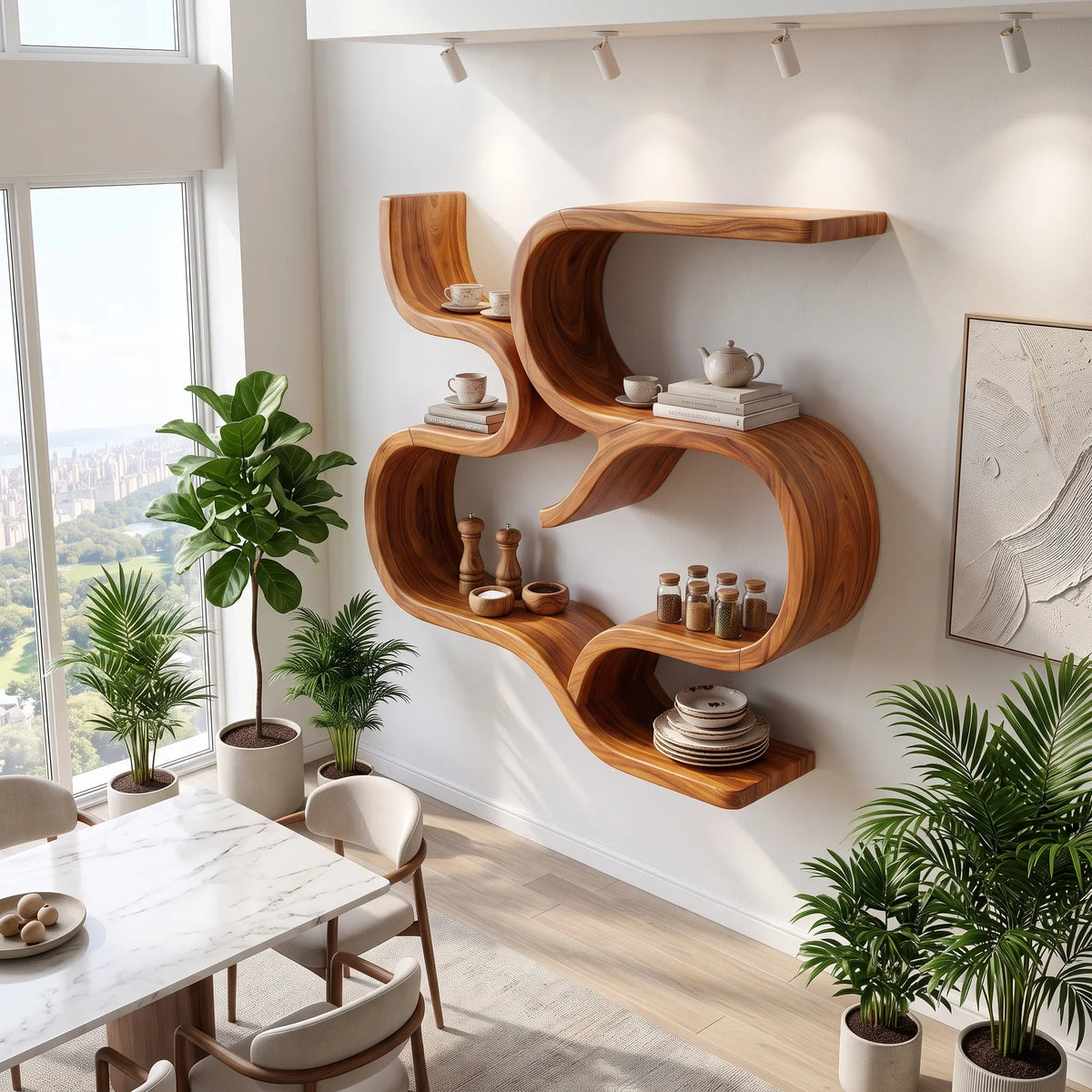 Mid Century Curved Floating Shelves For Powder Room