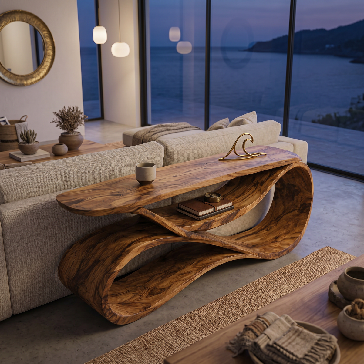 Modern Wooden Console Table Flowing Shelf Design For Living