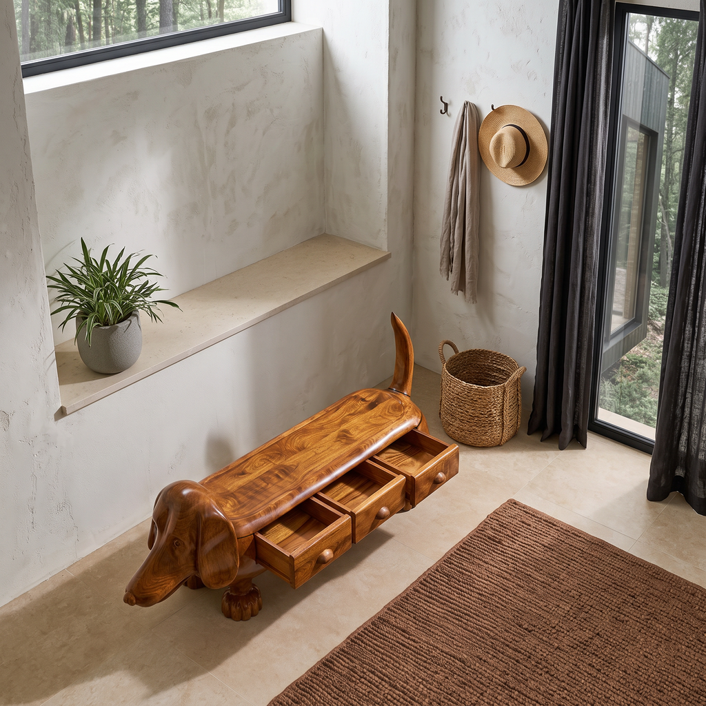 Rustic Dachshund Storage Bench For Entryway And Mudroom