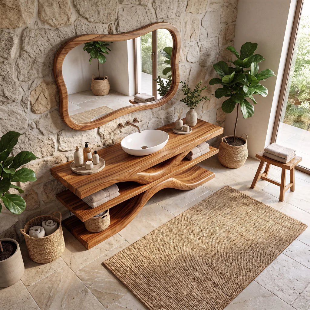 Sculptural Bathroom Vanity With Sink Modern Bathroom Vanity Wooden Bathroom Vanity Layered Open Shelves For Spa Bathroom