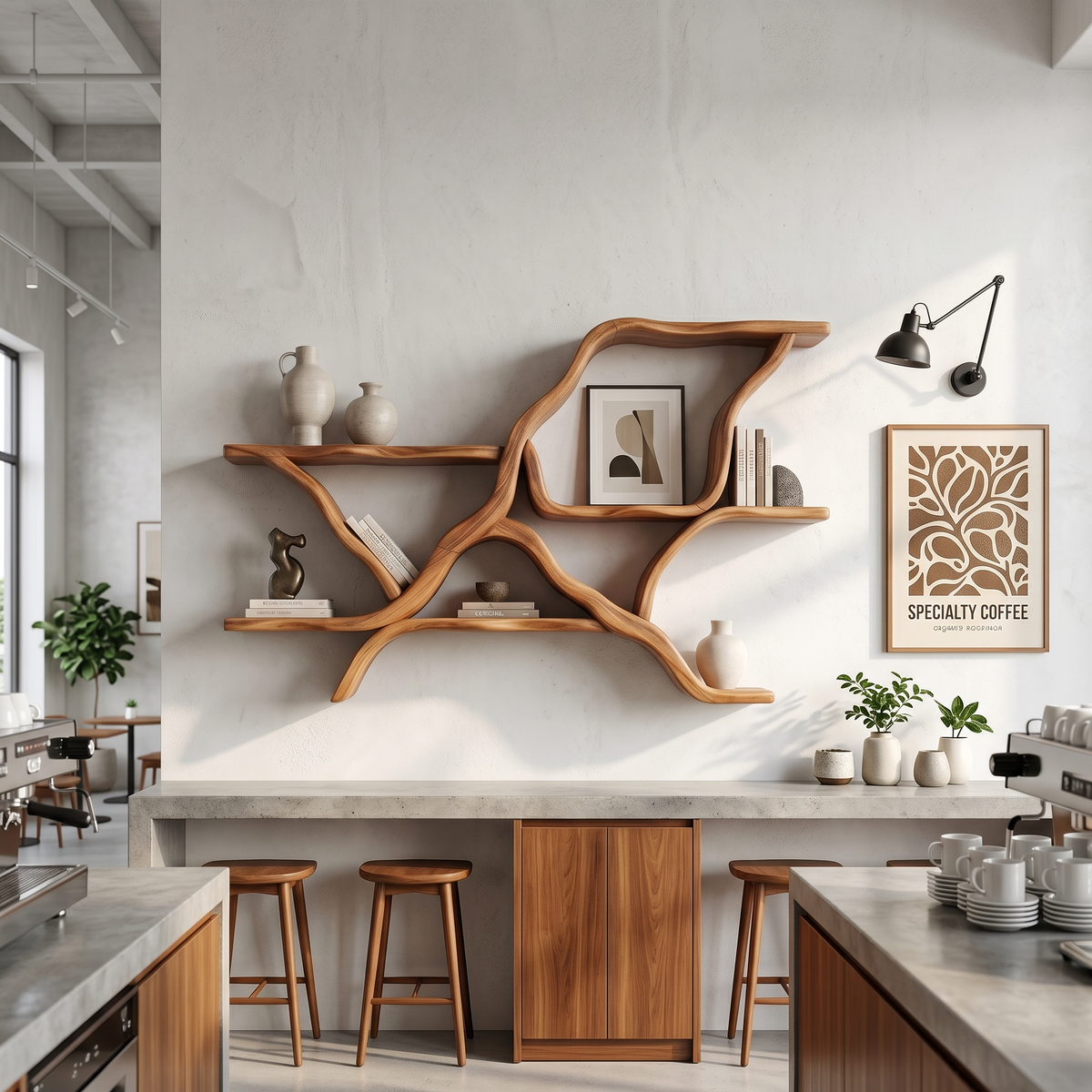 Mid Century Floating Display Shelves For Coffee Bar