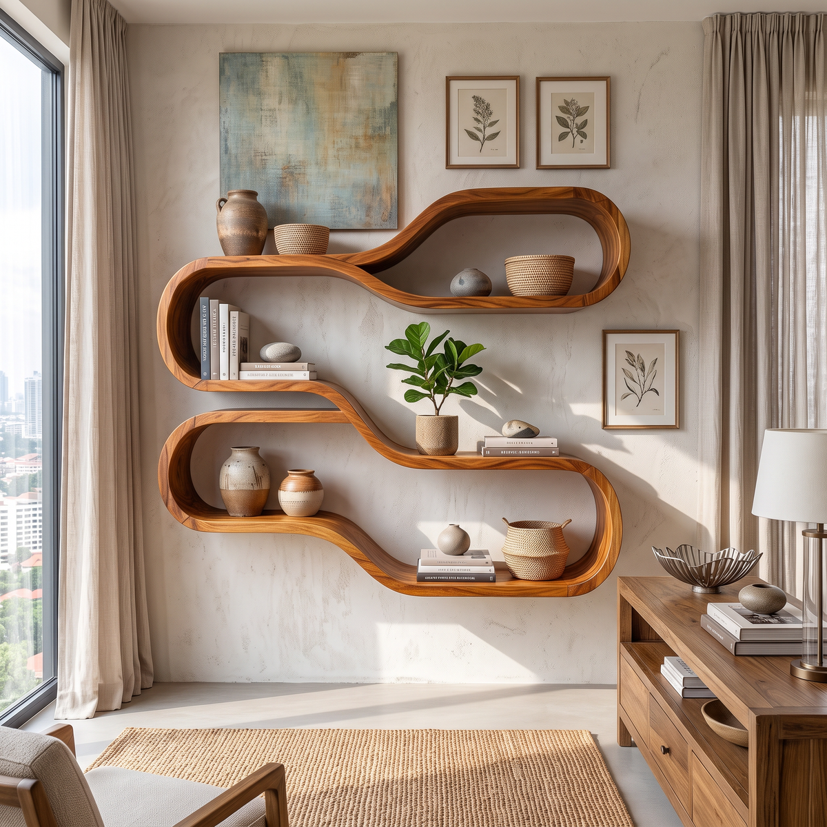 Japandi Wooden Wall Mounted Shelves For Bathroom