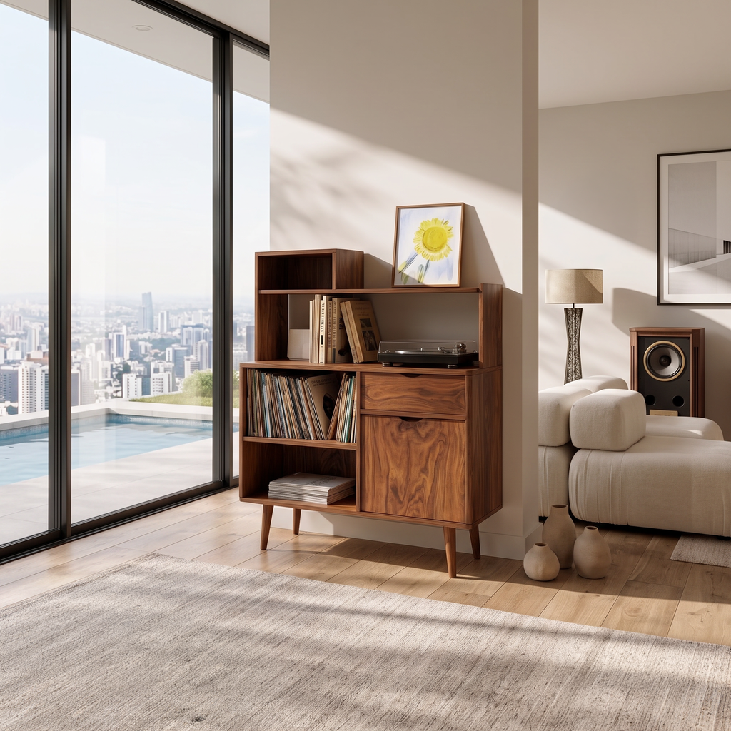 Modern Vinyl Record Cabinet With Drawers For Living