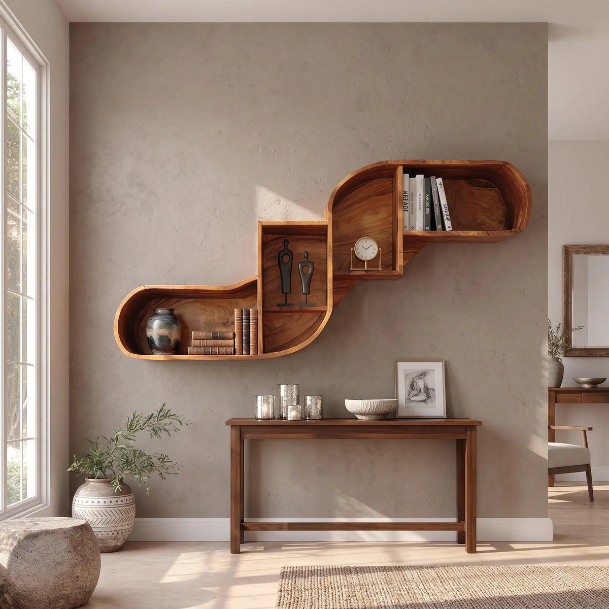 Mid Century Curved Wood Shelves For Home Bar